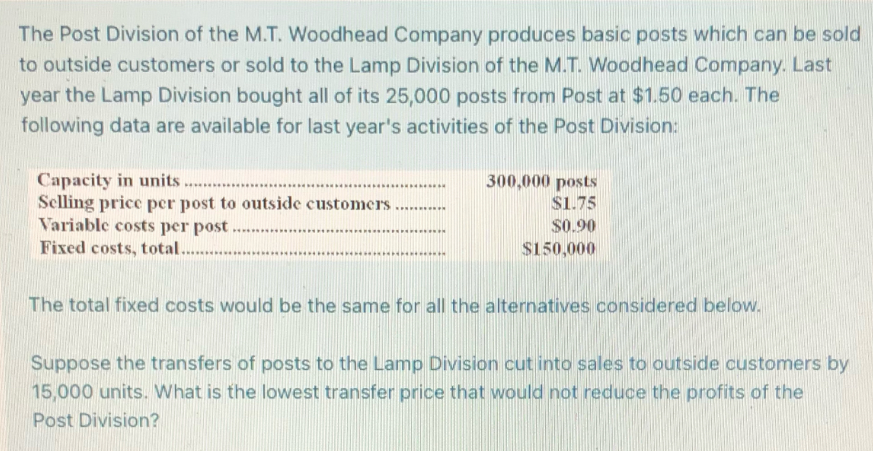 The Post Division of the M.T. Woodhead Company produces basic posts which can be sold
to outside customers or sold to the Lamp Division of the M.T. Woodhead Company. Last
year the Lamp Division bought all of its 25,000 posts from Post at $1.50 each. The
following data are available for last year's activities of the Post Division:
Capacity in units
300,000 posts
*********
************
Selling price per post to outside customers
$1.75
***********
Variable costs per post.
$0.90
*********
**********
Fixed costs, total.
$150,000
*************
The total fixed costs would be the same for all the alternatives considered below.
Suppose the transfers of posts to the Lamp Division cut into sales to outside customers by
15,000 units. What is the lowest transfer price that would not reduce the profits of the
Post Division?