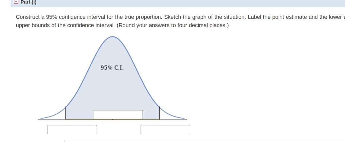 O Part (i)
Construct a 95% confidence interval for the true proportion. Sketch the graph of the situation. Label the point estimate and the lower a
upper bounds of the confidence interval. (Round your answers to four decimal places.)
95% C.I.
