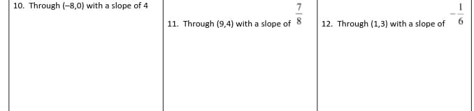 10. Through (-8,0) with a slope of 4
7
11. Through (9,4) with a slope of 8
12. Through (1,3) with a slope of
