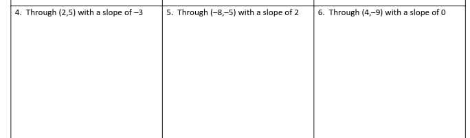 4. Through (2,5) with a slope of -3
5. Through (-8,-5) with a slope of 2
6. Through (4,-9) with a slope of 0

