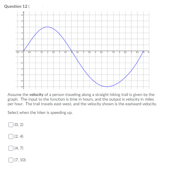 Question 12 (.
15
25
35
45
55
75
Assume the velocity of a person traveling along a straight hiking trail is given by the
graph. The input to the function is time in hours, and the output is velocity in miles
per hour. The trail travels east-west, and the velocity shown is the eastward velocity.
Select when the hiker is speeding up.
O (0, 2)
O (2, 4)
O (4, 7)
O 17, 10)
