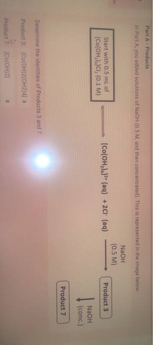 Part A- Products
In Part A, you added solutions of NaOH (0.5 M, and then concentrated). This is represented in the image below:
NaOH
on
(0.5 M)
Start with 0.5 ml of
[Co(OH,)* (aq) +2Cl (aq)
Product 3
[Co(OH,),JCI, (0.1 M)
NaOH
(conc.)
Product 7
Determine the identities of Products 3 and 7
Product 3: (Co(OH)2(OH2)4]
Product 7: [Co(OH)2]
