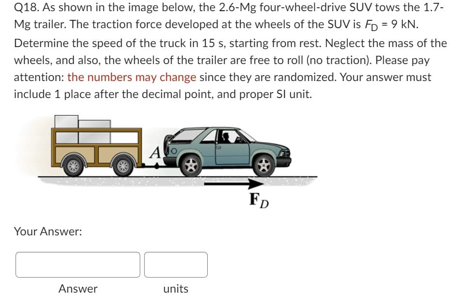 Q18. As shown in the image below, the 2.6-Mg four-wheel-drive SUV tows the 1.7-
Mg trailer. The traction force developed at the wheels of the SUV is FD = 9 kN.
Determine the speed of the truck in 15 s, starting from rest. Neglect the mass of the
wheels, and also, the wheels of the trailer are free to roll (no traction). Please pay
attention: the numbers may change since they are randomized. Your answer must
include 1 place after the decimal point, and proper Sl unit.
Your Answer:
Answer
Alo
units
ED