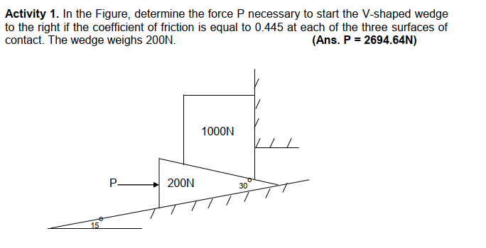 Activity 1. In the Figure, determine the force P necessary to start the V-shaped wedge
to the right if the coefficient of friction is equal to 0.445 at each of the three surfaces of
contact. The wedge weighs 200N.
(Ans. P = 2694.64N)
1000N
P
200N
30
