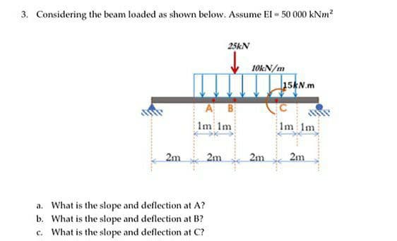 3. Considering the beam loaded as shown below. Assume EI - 50 000 kNm²
2m
A B
25kN
↓
1m 1m
a. What is the slope and deflection at A?
b. What is the slope and deflection at B?
c. What is the slope and deflection at C?
2m
10kN/m
2m
15kN.m
1m 1m
2m