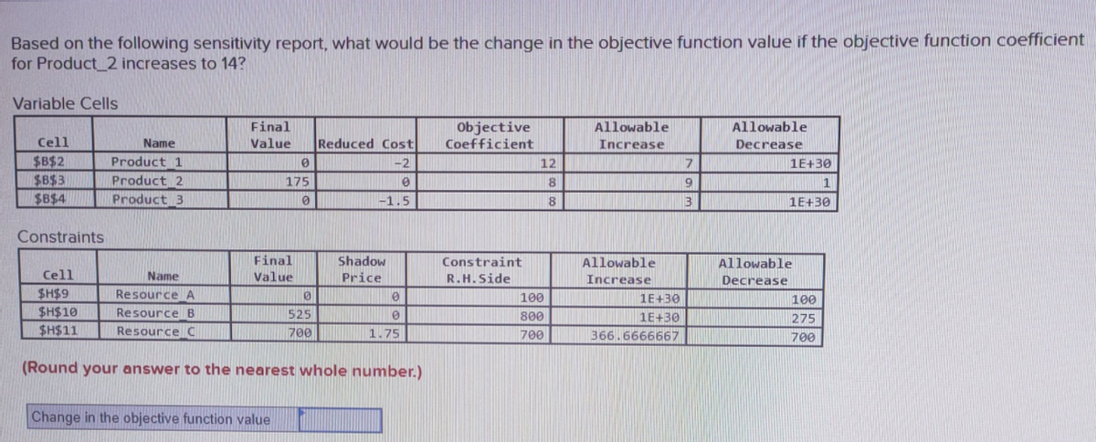 Based on the following sensitivity report, what would be the change in the objective function value if the objective function coefficient
for Product_2 increases to 14?
Variable Cells
Objective
Coefficient
Allowable
Final
Value
Allowable
Cell
Name
Reduced Cost
Increase
Decrease
$B$2
$B$3
$B$4
Product 1
-2
12
1E+30
Product 2
Product_3
175
8
9
| 1
-1.5
1E+30
Constraints
Final
Shadow
Price
Constraint
Allowable
Allowable
Cell
Name
Value
R.H.Side
Increase
Decrease
$H$9
Resource A
100
1E+30
100
SH$10
Resource B
525
800
1E+30
275
SH$11
ResourceC
700
1.75
700
366.6666667
700
(Round your answer to the nearest whole number.)
Change in the objective function value
