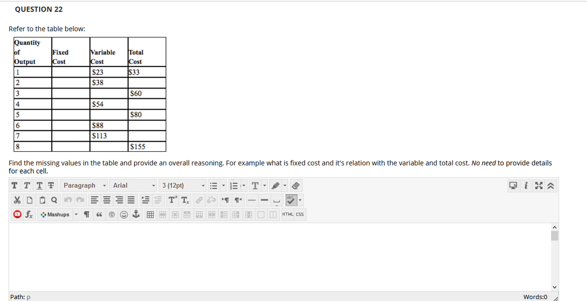 QUESTION 22
Refer to the table below:
Quantity
of
Output
1
Fixed
Cost
Variable
Cost
Total
Cost
$23
$33
S38
3
$60
4
$54
5
$80
$88
$113
$155
Find the missing values in the table and provide an overall reasoning. For example what is fixed cost and it's relation with the variable and total cost. No need to provide details
for each cell.
T T T T
Paragraph
Arial
3 (12pt)
只i公
O fx Mashups
HTML CSS
Path: p
Words:0
