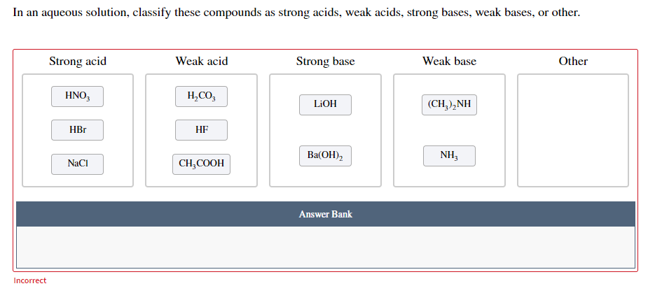 In an aqueous solution, classify these compounds as strong acids, weak acids, strong bases, weak bases, or other.
Strong acid
Weak acid
Strong base
Weak base
Other
HNO,
H,CO,
LIOH
(CH,),NH
HBr
HF
Ba(OH),
NH,
NaCI
CH,COOH
Answer Bank
Incorrect
