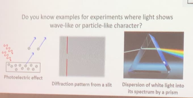 Do you know examples for experiments where light shows
wave-like or particle-like character?
Photoelectric effect
Diffraction pattern from a slit
Dispersion of white light into
its spectrum by a prism