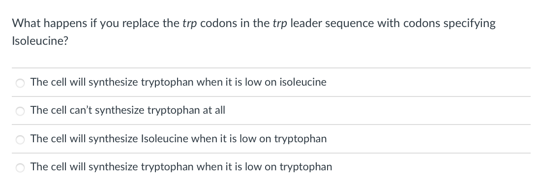 What happens if you replace the trp codons in the trp leader sequence with codons specifying
Isoleucine?
The cell will synthesize tryptophan when it is low on isoleucine
The cell can't synthesize tryptophan at all
The cell will synthesize Isoleucine when it is low on tryptophan
O The cell will synthesize tryptophan when it is low on tryptophan