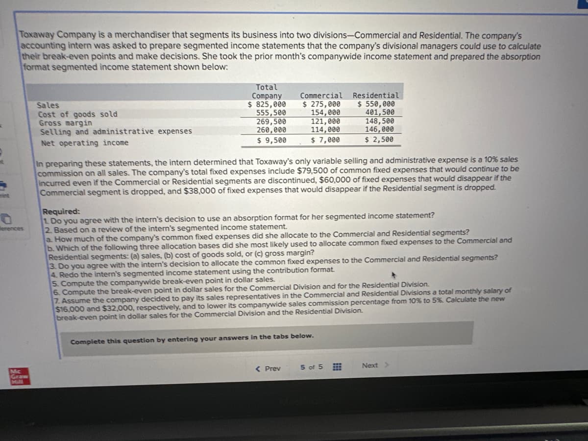 Toxaway Company is a merchandiser that segments its business into two divisions-Commercial and Residential. The company's
accounting intern was asked to prepare segmented income statements that the company's divisional managers could use to calculate
their break-even points and make decisions. She took the prior month's companywide income statement and prepared the absorption
format segmented income statement shown below:
erences
Mc.
Graw
H&M
Sales
Cost of goods sold
Gross margin
Selling and administrative expenses
Net operating income
Total
Company
$ 825,000
555,500
269,500
260,000
$9,500
Commercial Residential
$ 275,000
$ 550,000
154,000
401,500
121,000
148,500
114,000
146,000
$ 7,000
$ 2,500
In preparing these statements, the intern determined that Toxaway's only variable selling and administrative expense is a 10% sales
commission on all sales. The company's total fixed expenses include $79,500 of common fixed expenses that would continue to be
incurred even if the Commercial or Residential segments are discontinued, $60,000 of fixed expenses that would disappear if the
Commercial segment is dropped, and $38,000 of fixed expenses that would disappear if the Residential segment is dropped.
Required:
1. Do you agree with the intern's decision to use an absorption format for her segmented income statement?
2. Based on a review of the intern's segmented income statement.
a. How much of the company's common fixed expenses did she allocate to the Commercial and Residential segments?
b. Which of the following three allocation bases did she most likely used to allocate common fixed expenses to the Commercial and
Residential segments: (a) sales, (b) cost of goods sold, or (c) gross margin?
3. Do you agree with the intern's decision to allocate the common fixed expenses to the Commercial and Residential segments?
4. Redo the intern's segmented income statement using the contribution format.
5. Compute the companywide break-even point in dollar sales.
6. Compute the break-even point in dollar sales for the Commercial Division and for the Residential Division.
7. Assume the company decided to pay its sales representatives in the Commercial and Residential Divisions a total monthly salary of
$16,000 and $32,000, respectively, and to lower its companywide sales commission percentage from 10% to 5% Calculate the new
break-even point in dollar sales for the Commercial Division and the Residential Division.
Complete this question by entering your answers in the tabs below.
< Prev
5 of 5
Next