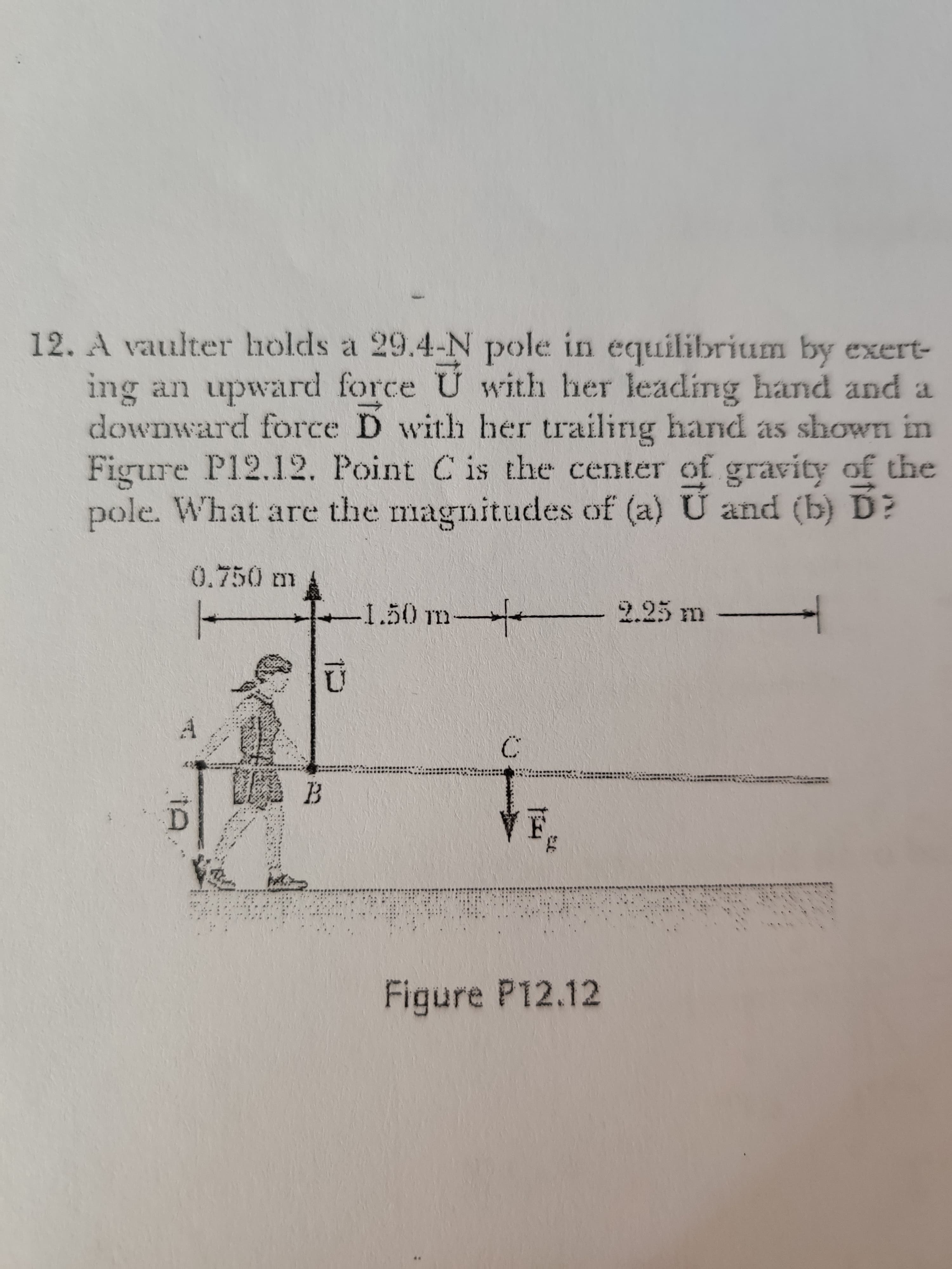 12. A vaulter holds a 29.4-N pole in equilibrium by exert-
ing an upward force U with her leading hand and a
downward force D with her trailing hand as shoWn in
Figure P12.12. Point Cis the center of gravity of the
pole. What are the magnitudes of (a) U and (b) D?
1.50 m +
2.25 m
:-
Figure P12.12
