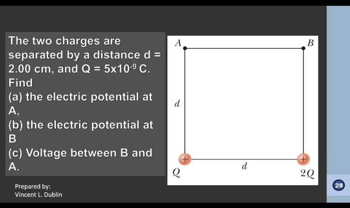 The two charges are
A
B
separated by a distance d =
2.00 cm, and Q = 5x10-9C.
Find
(a) the electric potential at
А,
(b) the electric potential at
d
(c) Voltage between B and
А.
d
Q
2Q
Prepared by:
28
Vincent L. Dublin
