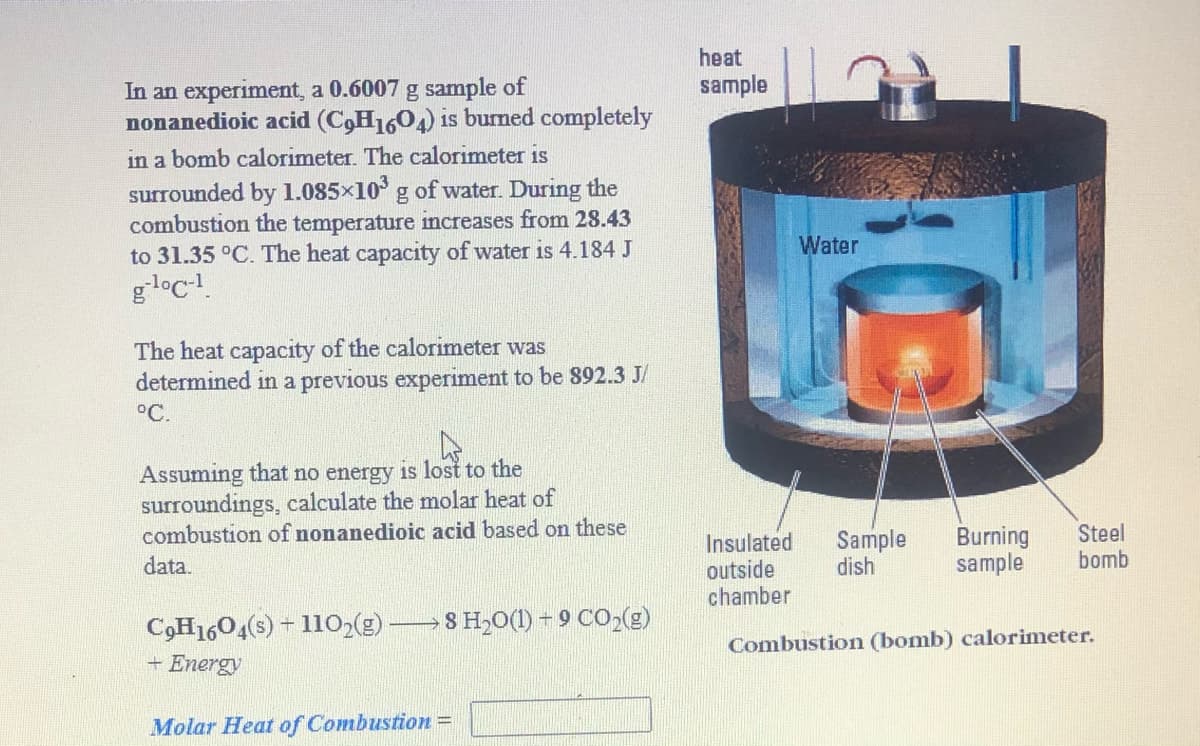 heat
In an experiment, a 0.6007 g sample of
nonanedioic acid (C,H1604) is burned completely
sample
in a bomb calorimeter. The calorimeter is
surrounded by 1.085x10 g of water. During the
combustion the temperature increases from 28.43
to 31.35 °C. The heat capacity of water is 4.184 J
Water
gloc-1
The heat capacity of the calorimeter was
determined in a previous experiment to be 892.3 J/
°C.
Assuming that no energy is lost to the
surroundings, calculate the molar heat of
combustion of nonanedioic acid based on these
data.
Insulated
outside
chamber
Sample
dish
Burning
sample
Steel
bomb
> 8 H,O(1) – 9 CO,(g)
C,H1604(s) - 110,(g)
+ Energy
Combustion (bomb) calorimeter.
Molar Heat of Combustion =
