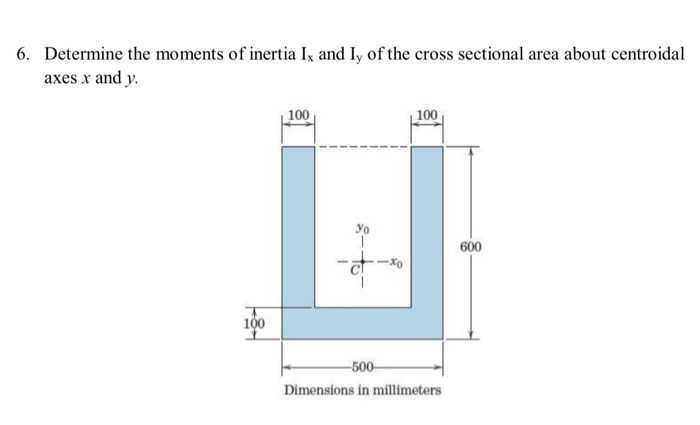 6. Determine the moments of inertia Ix and Iy of the cross sectional area about centroidal
axes x and y.
100
| 100
yo
600
100
-500-
Dimensions in millimeters

