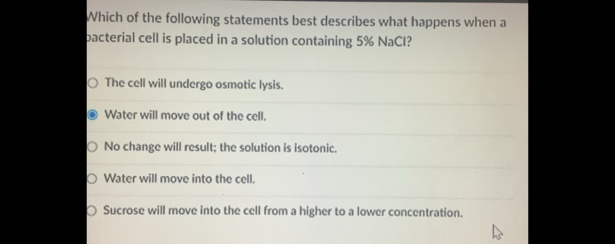 Which of the following statements best describes what happens when a
pacterial cell is placed in a solution containing 5% NaCl?
O The cell will undergo osmotic lysis.
O Water will move out of the cell.
O No change will result; the solution is isotonic.
O Water will move into the cell.
O Sucrose will move into the cell from a higher to a lower concentration.
