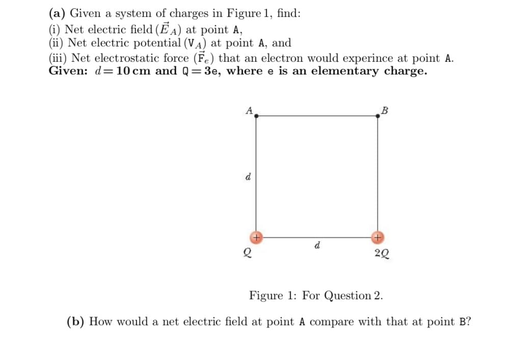(a) Given a system of charges in Figure 1, find:
(i) Net electric field (E A) at point A,
(ii) Net electric potential (VA) at point A, and
(iii) Net electrostatic force (Fe) that an electron would experince at point A.
Given: d=10 cm and Q=3e, where e is an elementary charge.
A
d
20
Figure 1: For Question 2.
(b) How would a net electric field at point A compare with that at point B?
