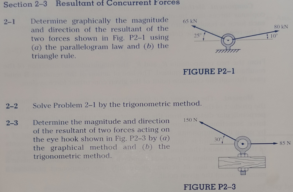 Section 2-3 Resultant of Concurrent Forces
Determine graphically the magnitude
and direction of the resultant of the
2-1
65 kN
80 kN
two forces shown in Fig. P2-1 using
(a) the parallelogram law and (b) the
triangle rule.
25
10°
FIGURE P2-1
2-2
Solve Problem 2–1 by the trigonometric method.
2-3
Determine the magnitude and direction
of the resultant of two forces acting on
the eye hook shown in Fig. P2–3 by (a)
the graphical method and (b) the
trigonometric method.
150 N
30°%
85 N
FIGURE P2-3

