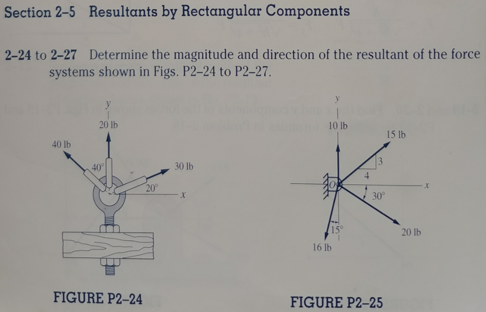 Section 2-5 Resultants by Rectangular Components
2-24 to 2-27 Determine the magnitude and direction of the resultant of the force
systems shown in Figs. P2-24 to P2-27.
y
y
20 lb
10 lb
15 lb
40 lb
40°
30 lb
4
20°
30°
20 lb
16 lb
FIGURE P2-24
FIGURE P2-25
