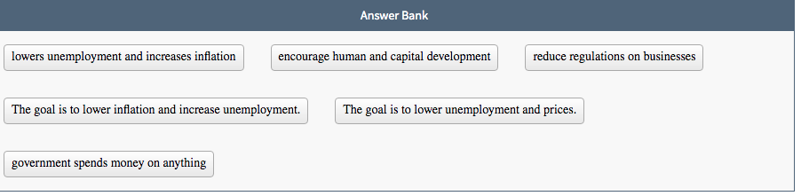 Answer Bank
lowers unemployment and increases inflation
encourage human and capital development
reduce regulations on businesses
The goal is to lower inflation and increase unemployment.
The goal is to lower unemployment and prices.
government spends money on anything
