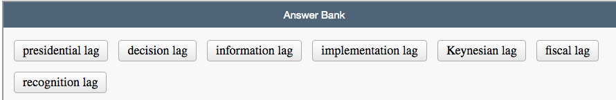 Answer Bank
presidential lag
decision lag
information lag
implementation lag
Keynesian lag
fiscal lag
recognition lag
