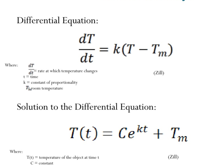 Differential Equation:
dT
= k(T – Tm)
dt
Where:
dT
dt rate at which temperature changes
(Zill)
t = time
k = constant of proportionality
room temperature
Solution to the Differential Equation:
T(t) = Cekt + Tm
Where:
(Zill)
T(t) = temperature of the object at time t
C = constant

