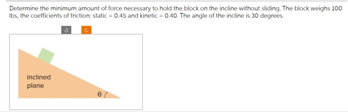 Determine the minimum amount of force necessary to hold the block on the incline without sliding. The block weighs 100
lbs, the coefficients of friction: static = 0.45 and kinetic = 0.40. The angle of the incline is 30 degrees.
inclined
plane
د
с
Ꮎ