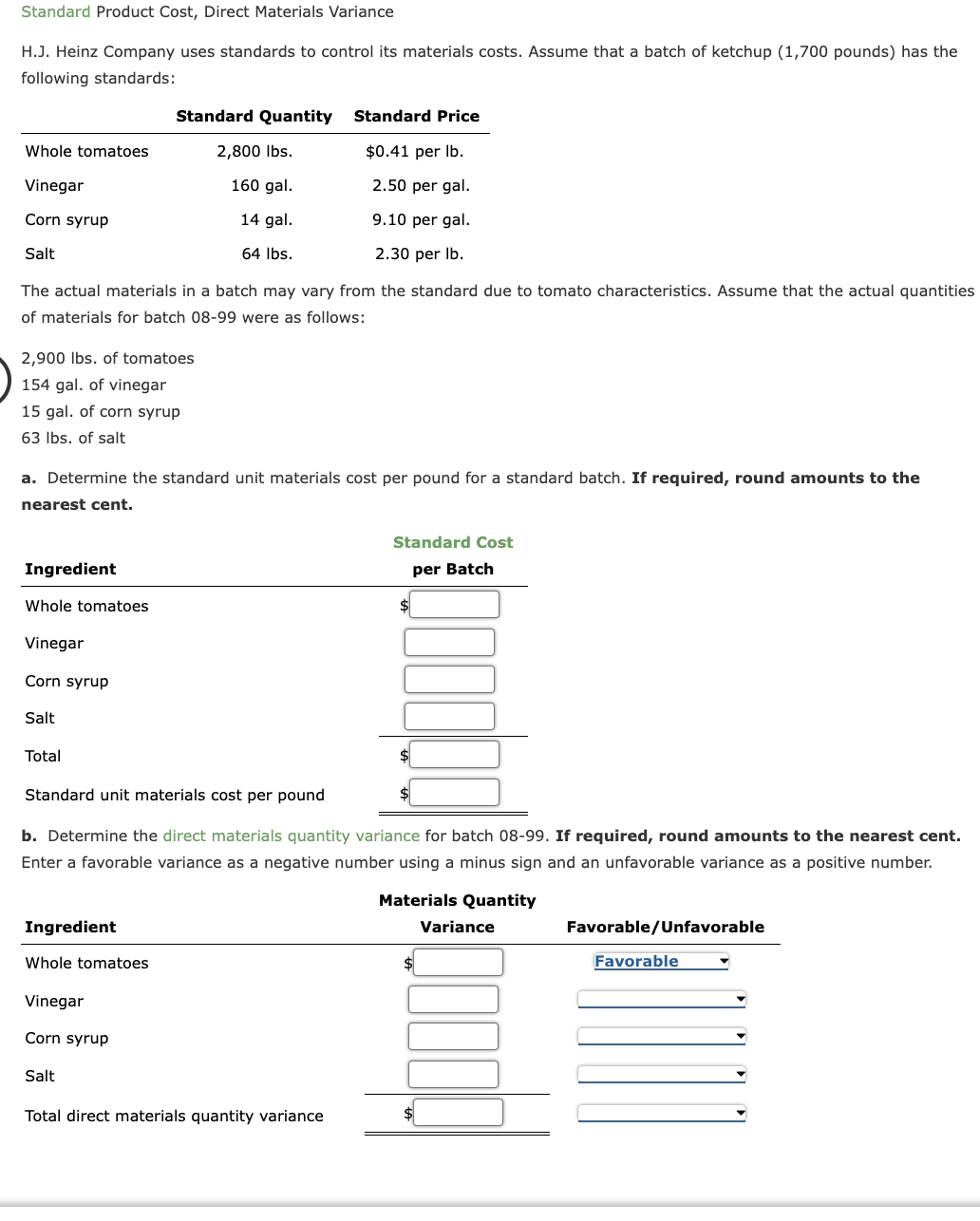 Standard Product Cost, Direct Materials Variance
H.J. Heinz Company uses standards to control its materials costs. Assume that a batch of ketchup (1,700 pounds) has the
following standards:
Standard Quantity Standard Price
$0.41 per lb.
2.50 per gal.
9.10 per gal.
2.30 per lb.
The actual materials in a batch may vary from the standard due to tomato characteristics. Assume that the actual quantities
of materials for batch 08-99 were as follows:
Whole tomatoes
Vinegar
Corn syrup
Salt
2,900 lbs. of tomatoes
154 gal. of vinegar
15 gal. of corn syrup
63 lbs. of salt
a. Determine the standard unit materials cost per pound for a standard batch. If required, round amounts to the
nearest cent.
Ingredient
Whole tomatoes
Vinegar
Corn syrup
Salt
Total
Ingredient
Standard unit materials cost per pound
b. Determine the direct materials quantity variance for batch 08-99. If required, round amounts to the nearest cent.
Enter a favorable variance as a negative number using a minus sign and an unfavorable variance as a positive number.
Materials Quantity
Whole tomatoes
2,800 lbs.
160 gal.
14 gal.
64 lbs.
Vinegar
Corn syrup
Salt
Standard Cost
per Batch
Total direct materials quantity variance
Variance
Favorable/Unfavorable
Favorable