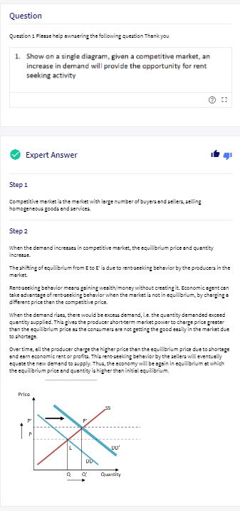 Question
Question : Plesse hellp awnsering the following question Thank you
1. Show on a single diagram, given a competitive market, an
increase in demand will provide the opportunity for rent
seeking activity
Expert Answer
Step 1
Competitive meriket ia the merket with large number of buyers and sellera, selling
homogeneous gooda and services.
Step 2
When the demand increases in competitive market, the equilibrium price and quantity
incresse
The shifting of equilibrium from E to E' ia due to rent-seeking behevior by the producers in the
market.
Rent-seeking behevior meana geining weelth/money without creating it. Economic egent can
take adventege of rent-seeking behevior when the market is not in equilibrium, by charginge
different price than the competitive price.
When the demand rises, there would be excess demend, ie the quentity demended exceed
quantity supplied. This gives the producer short-term mariket power to charge price greater
than the equilibrium price as the consumers are not getting the good easily in the market due
to shortage.
Overtime, all the producer cherge the higher price then the equilibrium price due to shortage
and earn economic rent or profita. This rent-seeking behaviorby the sellers will eventually
equete the new demand to supply. Thus, the economy will be again in equilibrium at which
the equilibrium price and quentity ia higher than initial equilibrium.
Price
DD'
Q'
Quantity
