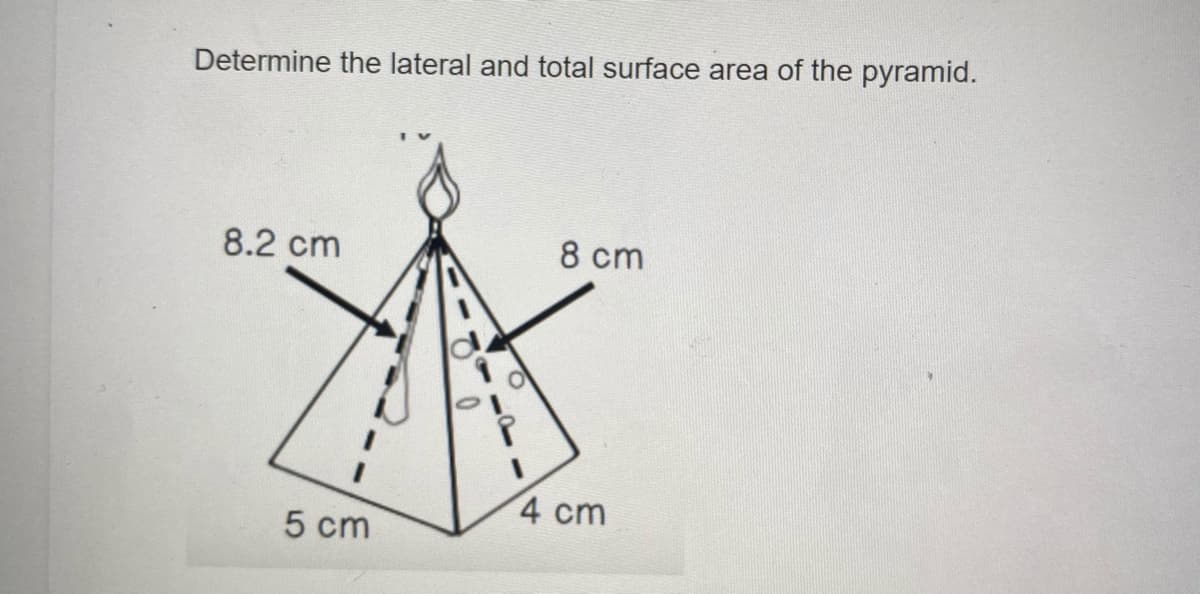 Determine the lateral and total surface area of the pyramid.
8.2 cm
8 cm
4 cm
5 cm
