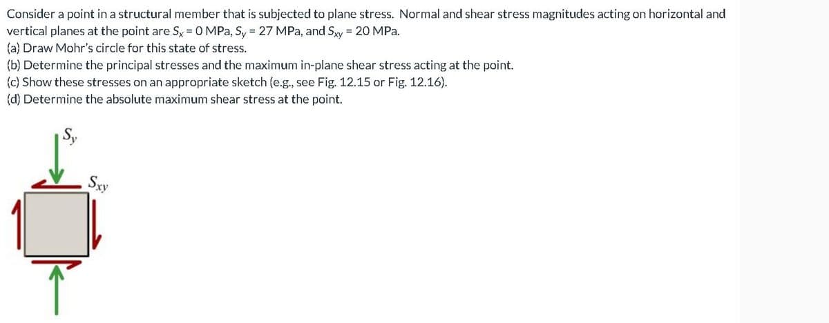 Consider a point in a structural member that is subjected to plane stress. Normal and shear stress magnitudes acting on horizontal and
vertical planes at the point are Sx = 0 MPa, Sy = 27 MPa, and Sxy = 20 MPa.
(a) Draw Mohr's circle for this state of stress.
(b) Determine the principal stresses and the maximum in-plane shear stress acting at the point.
(c) Show these stresses on an appropriate sketch (e.g., see Fig. 12.15 or Fig. 12.16).
(d) Determine the absolute maximum shear stress at the point.
Sy
Sxy
