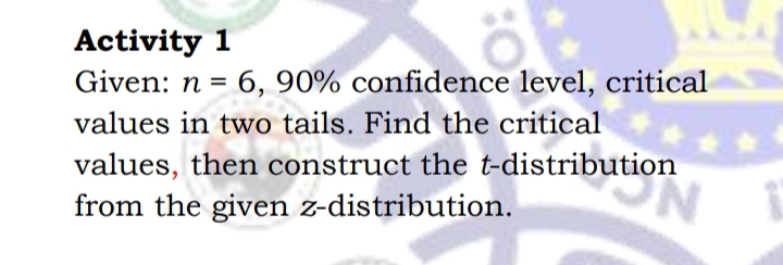 Activity 1
Given: n = 6, 90% confidence level, critical
%3D
values in two tails. Find the critical
values, then construct the t-distribution
N.
from the given z-distribution.
