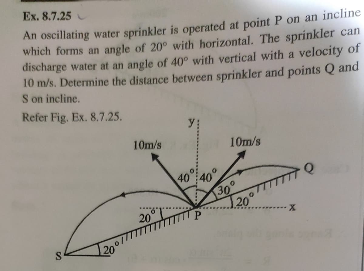 Ex. 8.7.25
An oscillating water sprinkler is operated at point P on an incline
which forms an angle of 20° with horizontal. The sprinkler can
discharge water at an angle of 40° with vertical with a velocity of
10 m/s. Determine the distance between sprinkler and points Q and
S on incline.
Refer Fig. Ex. 8.7.25.
10m/s
10m/s
40
30
20°
20
20°
