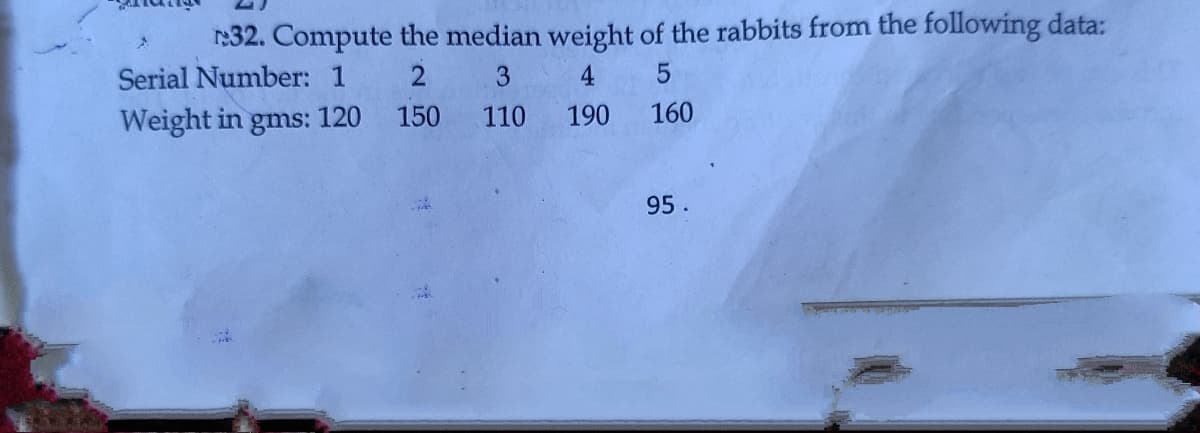 r:32. Compute the median weight of the rabbits from the following data:
Serial Number: 1
3
4
Weight in gms: 120
150
110
190
160
95.
