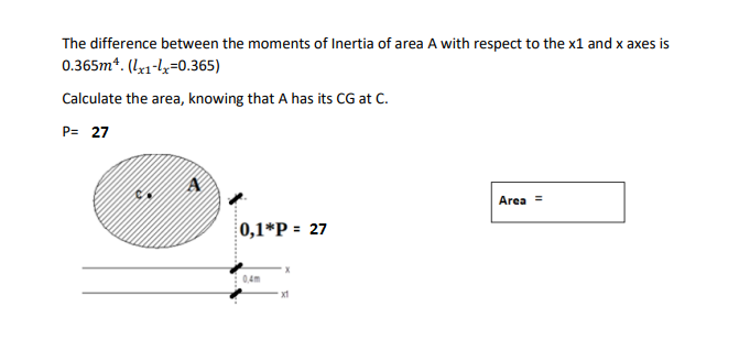 The difference between the moments of Inertia of area A with respect to the x1 and x axes is
0.365m*. (1x1-x=0.365)
Calculate the area, knowing that A has its CG at C.
P= 27
0,1*P = 27
0,4m
x1
Area =