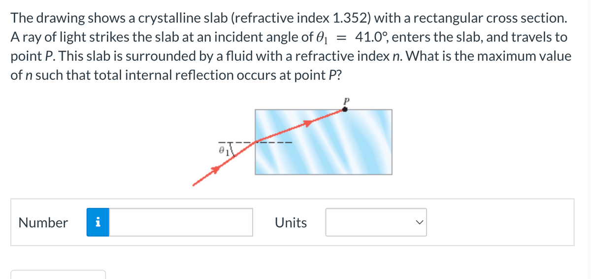 The drawing shows a crystalline slab (refractive index 1.352) with a rectangular cross section.
A ray of light strikes the slab at an incident angle of 0₁ 41.0°, enters the slab, and travels to
point P. This slab is surrounded by a fluid with a refractive index n. What is the maximum value
of n such that total internal reflection occurs at point P?
Number
Units
=