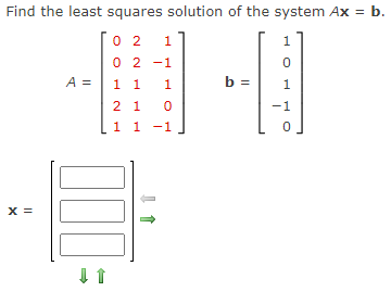 Find the least squares solution of the system Ax = b.
0 2
1
1
0 2 -1
A =
1 1
b =
1
1
2 1
-1
1 1
-1
X =

