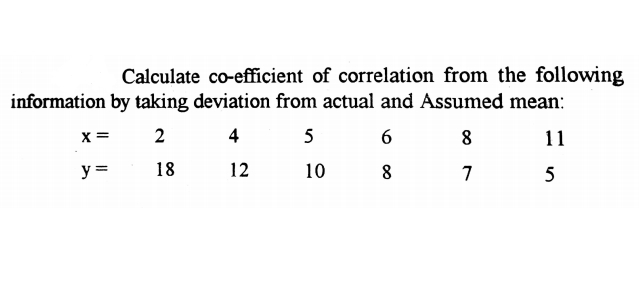 Calculate co-efficient of correlation from the following
information by taking deviation from actual and Assumed mean:
x =
2
4
5
11
y =
18
12
10
8
7
5
