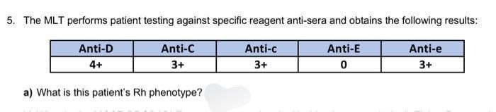 5. The MLT performs patient testing against specific reagent anti-sera and obtains the following results:
Anti-e
Anti-D
4+
Anti-c
3+
3+
Anti-C
3+
a) What is this patient's Rh phenotype?
Anti-E
0