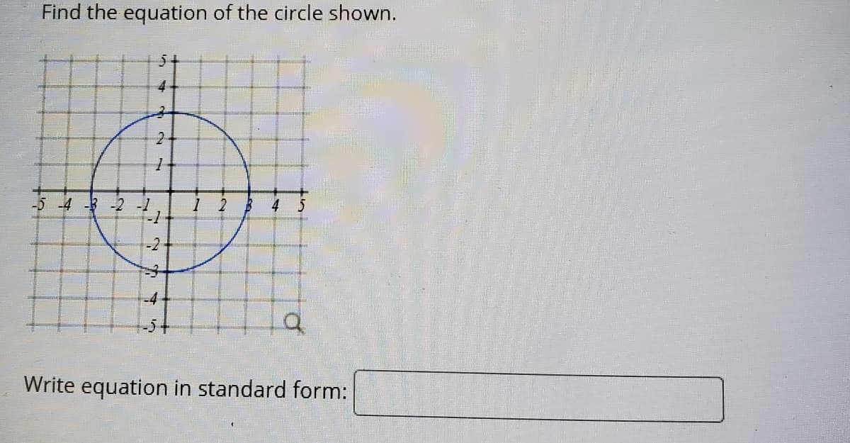Find the equation of the circle shown.
2.
-54 -3 -2
2
4
-2
-4+
5+
Write equation in standard form:
