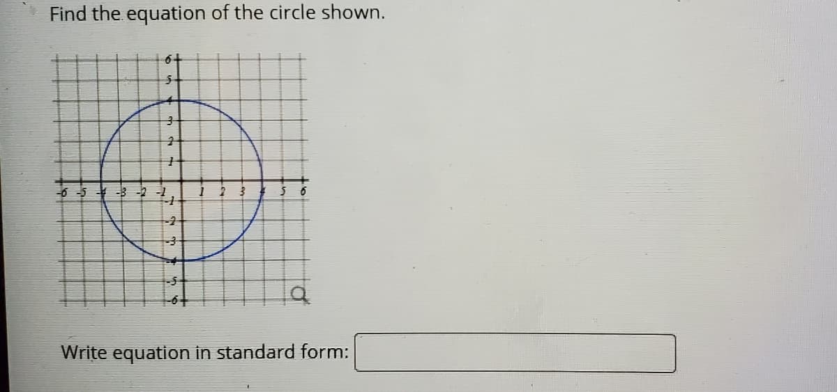 Find the equation of the circle shown.
6+
6-5 -B -2-1
Write equation in standard form:
