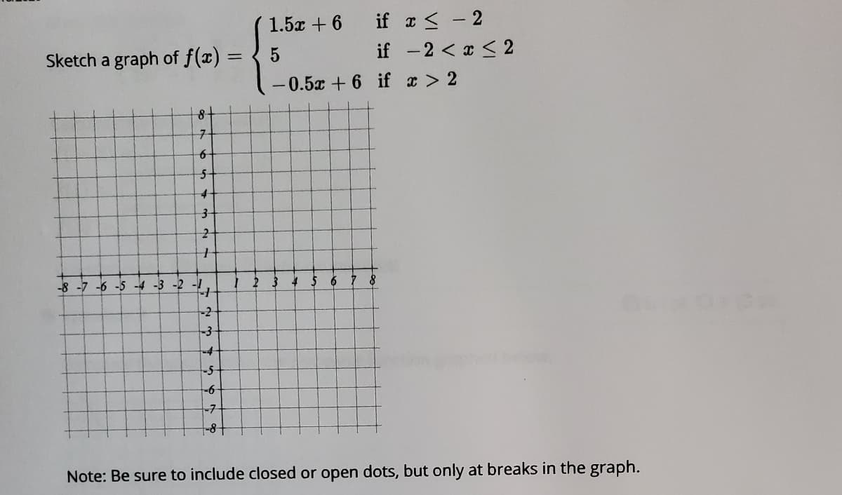 1.5x +6 if x <
- 2
Sketch a graph of f(x) =
if -2 < x < 2
%3D
-0.5x + 6 if > 2
7.
3-
-8 -7 -6 -5 -4 -3 -2 -1
2 3 4 5 6 7 8
-2
-3-
-5
-6-
-7
Note: Be sure to include closed or open dots, but only at breaks in the graph.
6.
2.
