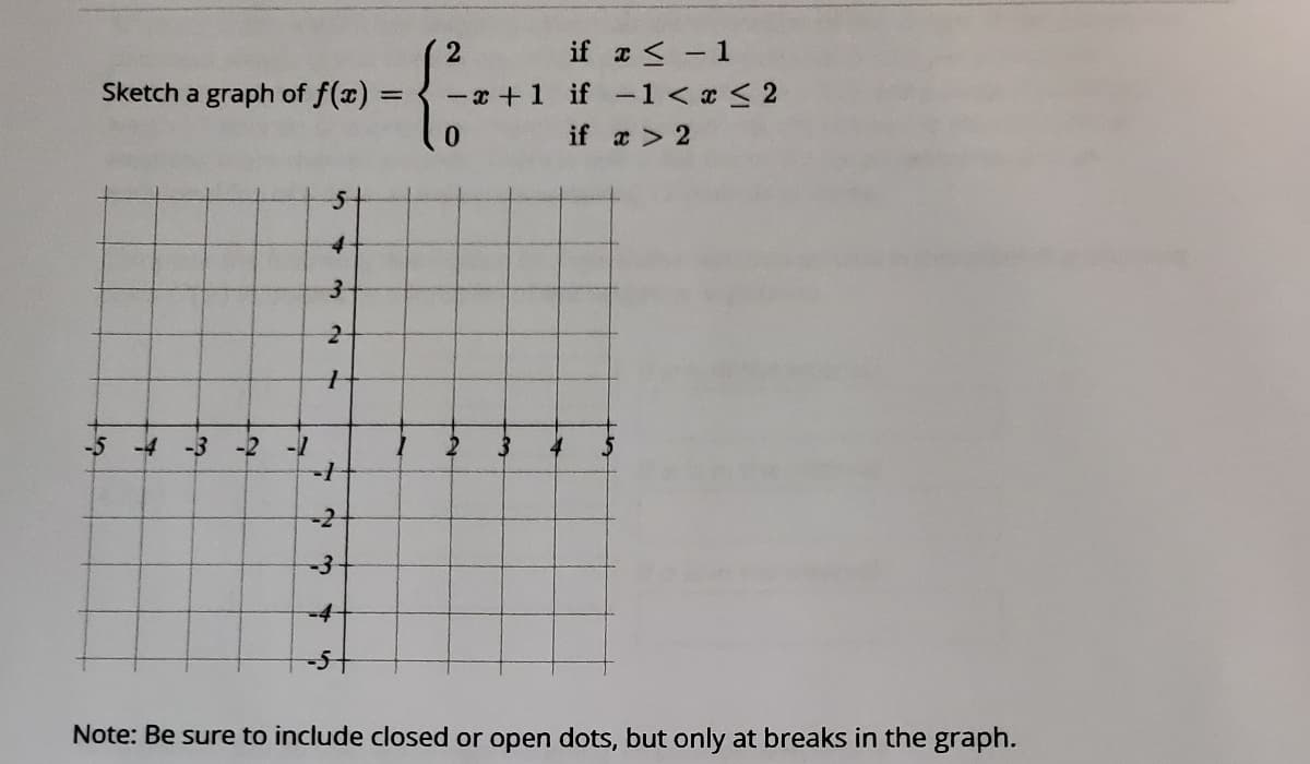 if a < - 1
Sketch a graph of f(x)
-x +1 if -1 < < 2
%3D
if a > 2
