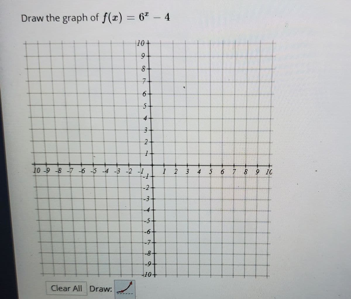 Draw the graph of f(x) = 6" - 4
10+
6.
8-
7.
6
4.
10 -9 8-7 6-5-4 -3 -2 -1
1 2 3 4
5 6 7 8 9 10
-2
-3
-4
-5-
-6-
-7-
-8-
10+
Clear All Draw:
