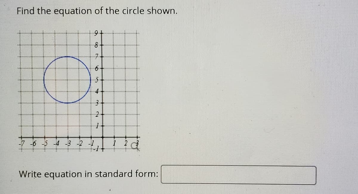 Find the equation of the circle shown.
9+
8.
7.
6.
4
3
2.
-7 -6 -5 4
Write equation in standard form:
