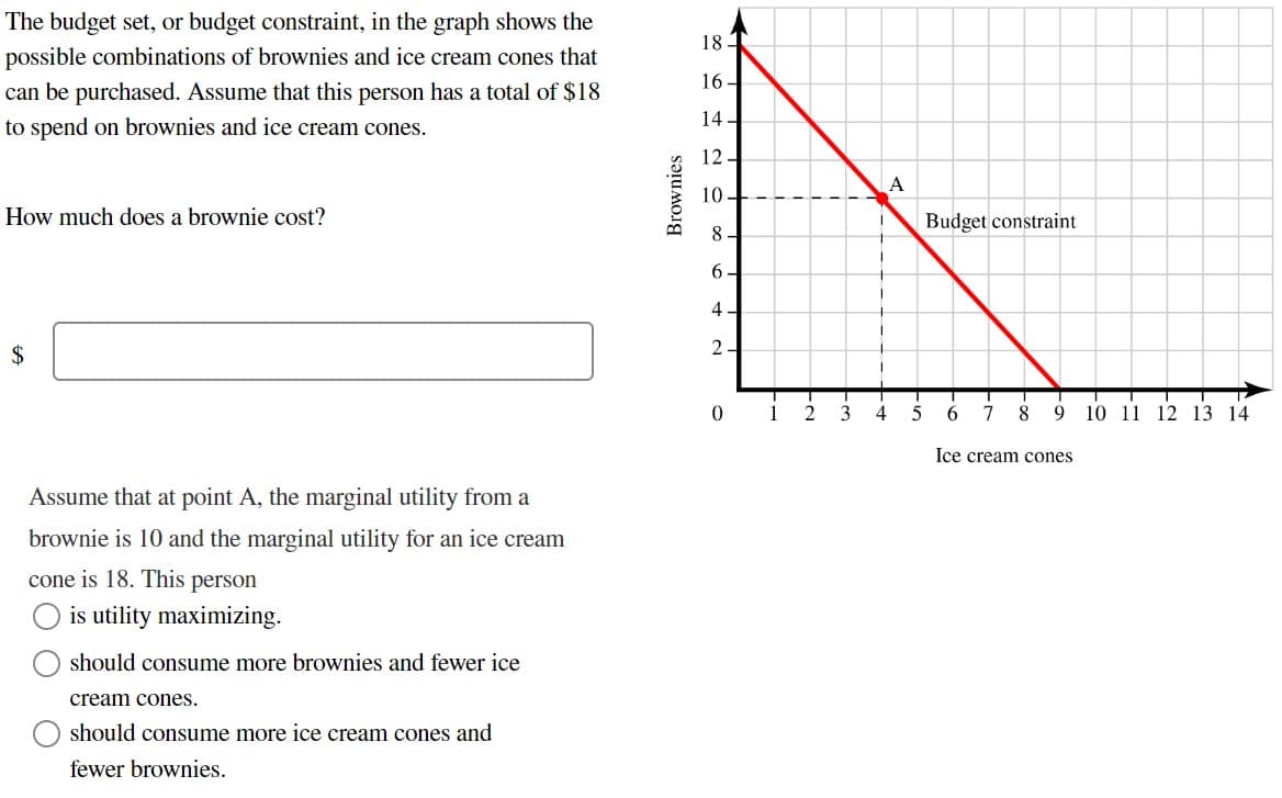 The budget set, or budget constraint, in the graph shows the
possible combinations of brownies and ice cream cones that
can be purchased. Assume that this person has a total of $18
to spend on brownies and ice cream cones.
How much does a brownie cost?
$
Assume that at point A, the marginal utility from a
brownie is 10 and the marginal utility for an ice cream
cone is 18. This person
is utility maximizing.
should consume more brownies and fewer ice
cream cones.
should consume more ice cream cones and
fewer brownies.
Brownies
18-
16-
14-
12-
10-
8-
6-
4
2.
0
1 2 3
1
A
1
+
4
5
Budget constraint
6
7 8 9 10 11 12 13 14
Ice cream cones