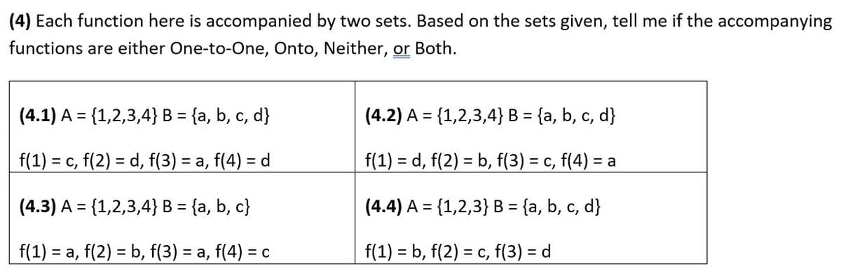 (4) Each function here is accompanied by two sets. Based on the sets given, tell me if the accompanying
functions are either One-to-One, Onto, Neither, or Both.
(4.1) A = {1,2,3,4} B = {a, b, c, d}
(4.2) A = {1,2,3,4}B = {a, b, c, d}
f(1) =
c, f(2) = d, f(3) =
= a, f(4) = d
f(1) = d, f(2) = b, f(3) = c, f(4) = a
(4.3) A = {1,2,3,4} B = {a, b, c}
(4.4) A = {1,2,3} B = {a, b, c, d}
f(1) = a, f(2) = b, f(3) = a, f(4)
f(1) = b, f(2) = c, f(3) = d
= C
