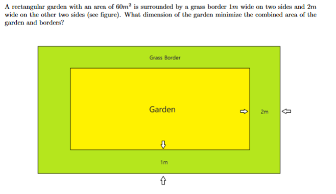 A rectangular garden with an area of 60m² is surrounded by a grass border lm wide on two sides and 2m
wide on the other two sides (see figure). What dimension of the garden minimize the combined area of the
garden and borders?
Grass Border
Garden
2m
1m
