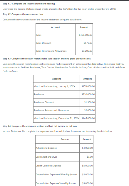 Step #1- Complete the Income Statement heading.
Download the Income Statement and create a heading for Ted's Beds for the year ended December 31, 20XX.
Step #2-Complete the revenue section.
Complete the revenue section of the income statement using the data below.
Account
Amount
Sales
$456,000.00
Sales Discount
$575.00
Sales Retums and Allawances
$3,200.00
Step #3-Complete the cost of merchandise sold section and find gross profit on sales.
Complete the cost of merchandise sold section and find gross profit an sales using the data below. Remember that you
must compute to find Net Purchases, Total Cost of Merchandise Available for Sale. Cast af Merchandise Sold, and Grass
Profit on Sales.
Account
Amount
Merchandise Inventory, January 1, 20XX
$176,000.00
Purchases
$220,000.00
Purchases Discount
$1,300.00
Purchases Retums and Allowances
$2,000.00
Merchandise Inventory. December 31, 20XX $165,000.00
Step #4-Complete the expenses section and find net income or net loss.
Income Statement file complete the expenses section and find net income or net loss using the data below.
Account
Amount
Advertising Expense
$4,000.00
Cash Short and Over
$1.00
Credit Card Fee Expense
$5,000.00
Depreciation Expense-Office Equipment
$2,000.00
Depreciation Expense-Store Equipment
$3,000.00
