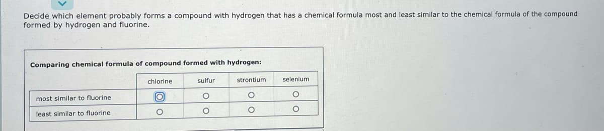 Decide which element probably forms a compound with hydrogen that has a chemical formula most and least similar to the chemical formula of the compound
formed by hydrogen and fluorine.
Comparing chemical formula of compound formed with hydrogen:
chlorine
sulfur
strontium
selenium
most similar to fluorine
least similar to fluorine
